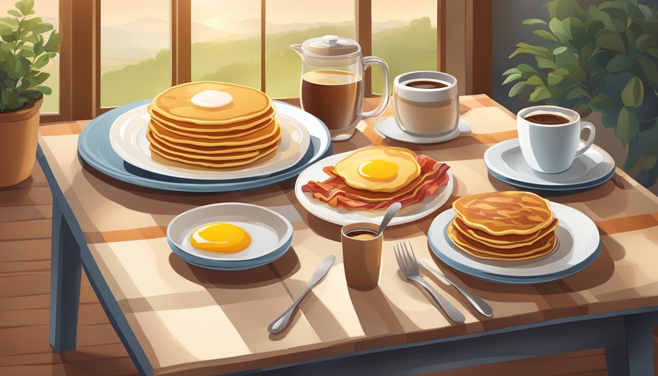 A table set with pancakes, bacon, eggs, and coffee, surrounded by a warm and inviting atmosphere