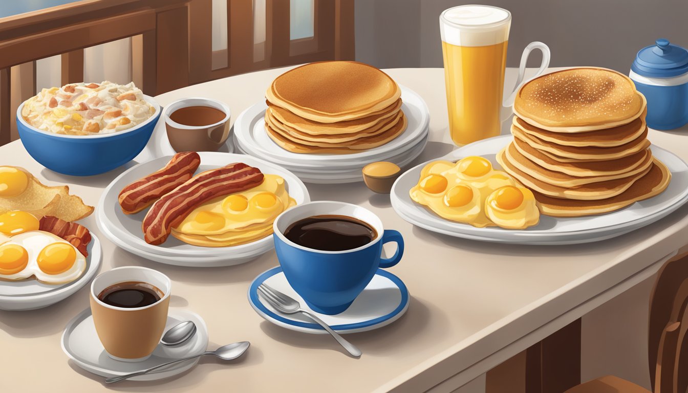 A table set with a variety of breakfast items from IHOP's Hearty Combos menu, including pancakes, eggs, bacon, and sausage, with a steaming cup of coffee