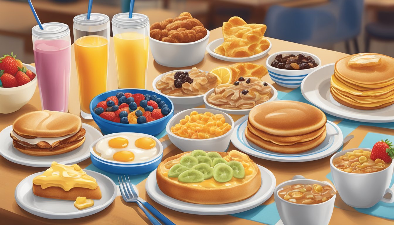 A colorful breakfast spread with various dishes and prices displayed on a menu board at an IHOP restaurant