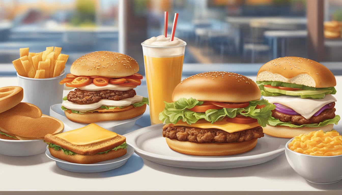 A table set with a variety of savory sandwiches and burgers, accompanied by prices, on the IHOP breakfast menu