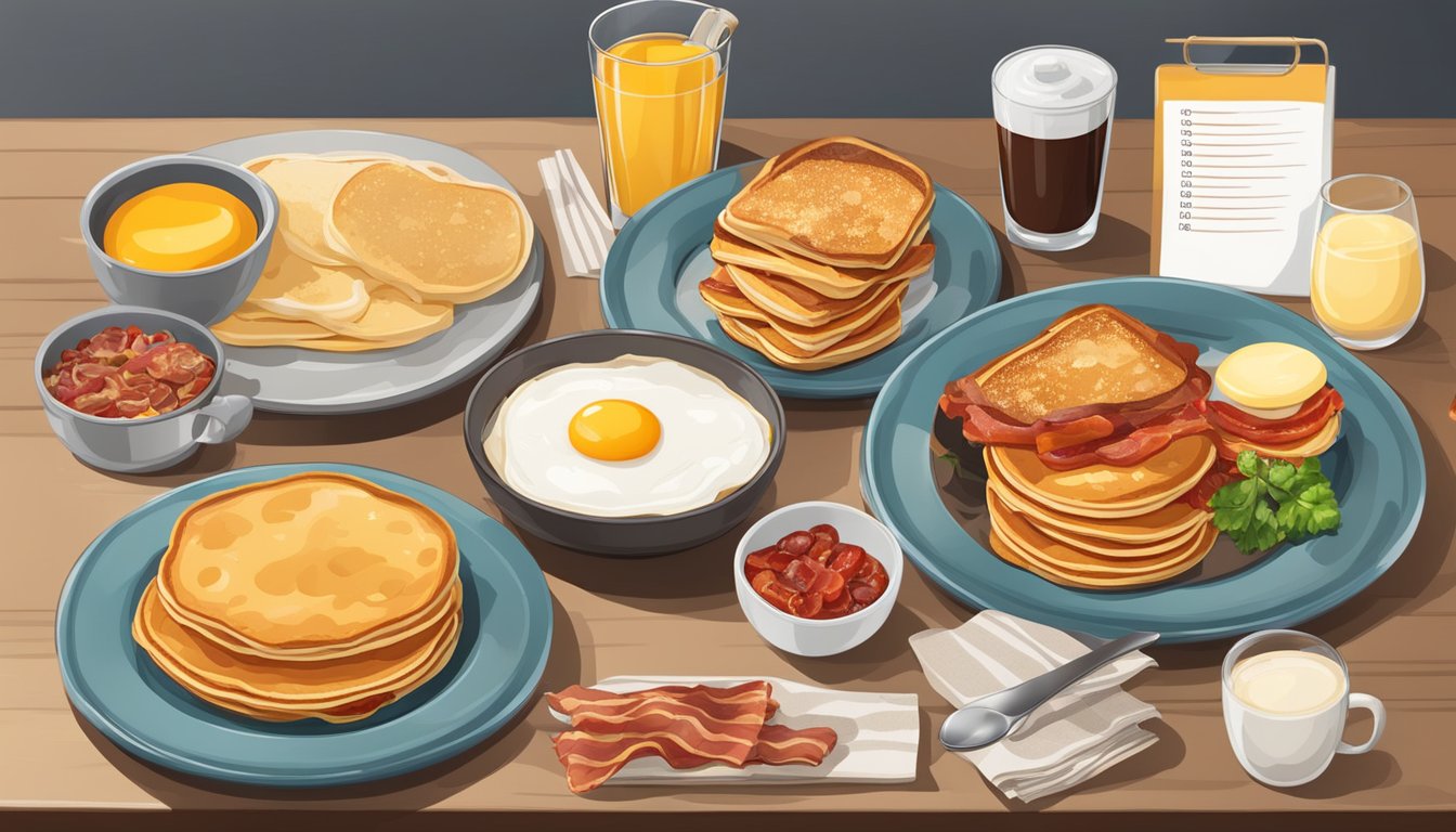 A table set with various breakfast sides and extras, including bacon, eggs, toast, and pancakes, with prices displayed on a menu board