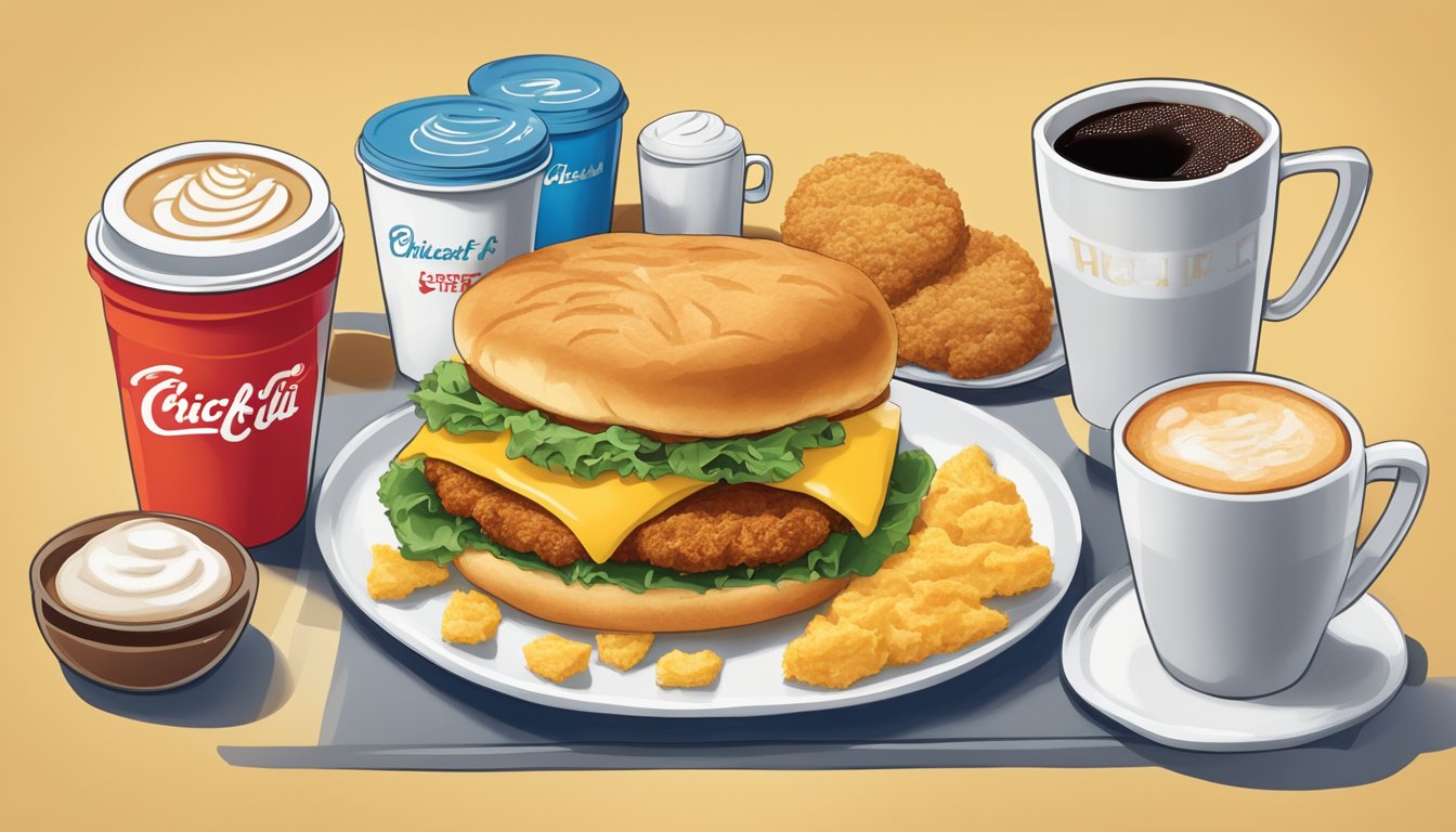 A colorful display of breakfast items with prices, including chicken biscuits, hash browns, and coffee, set against a backdrop of the Chick-fil-A logo