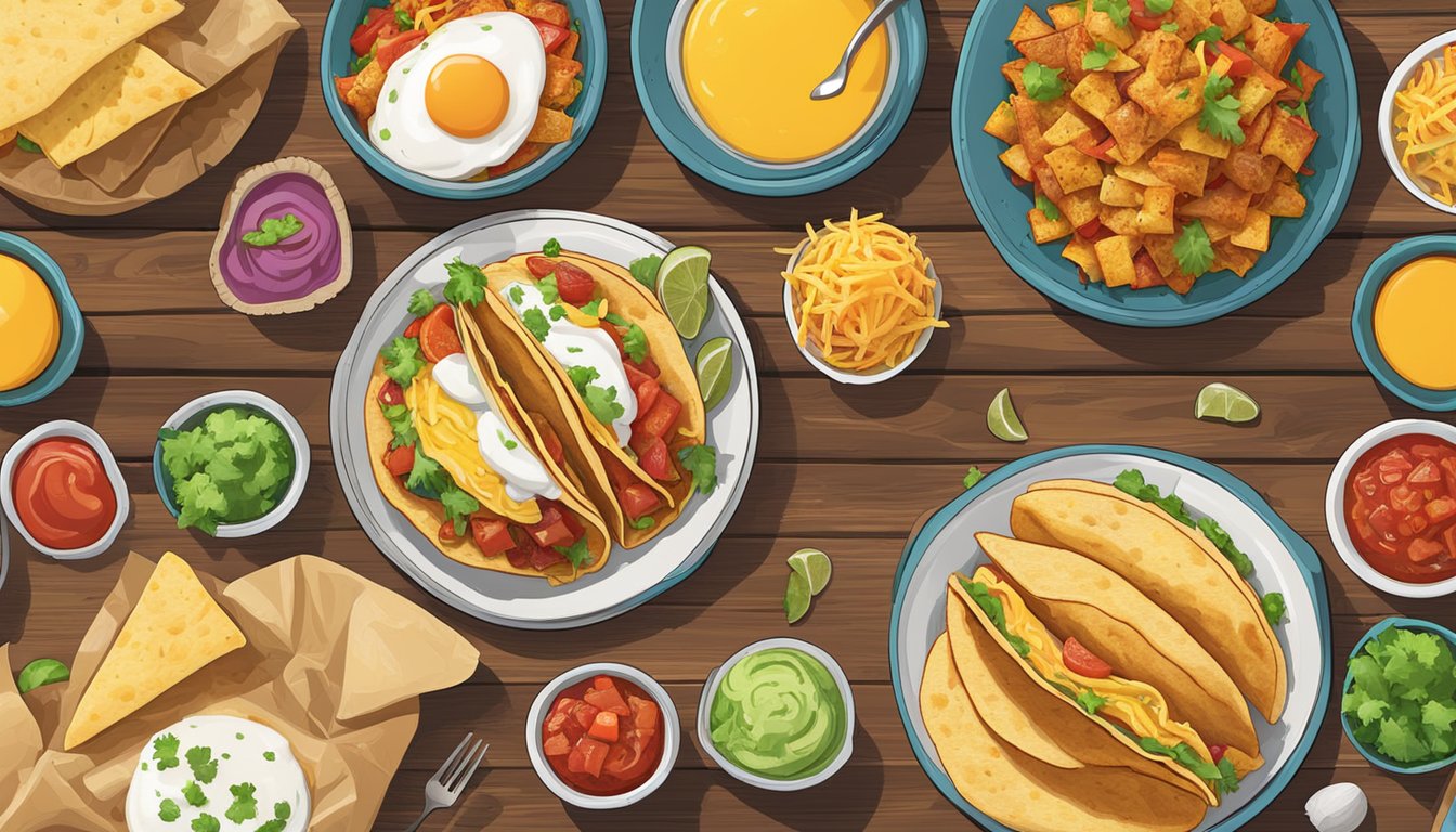 A colorful spread of breakfast tacos, burritos, and hashbrowns on a rustic wooden table. Steam rises from the freshly cooked items, surrounded by vibrant ingredients like eggs, cheese, and salsa