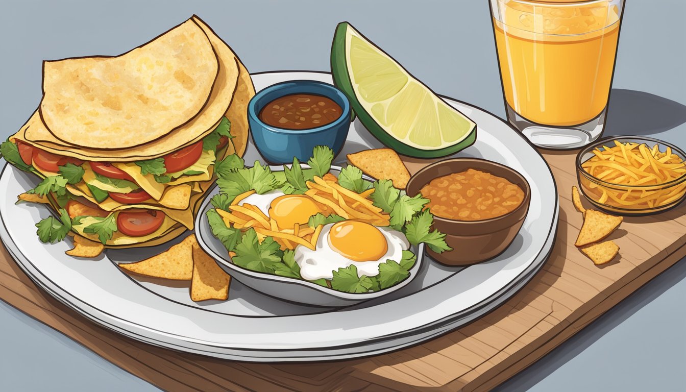 A breakfast plate with tacos, hashbrowns, and a drink on the side