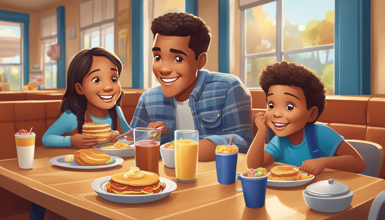 A family of four enjoying a variety of breakfast dishes at a cozy IHOP restaurant, with kids' meals displayed on colorful plates