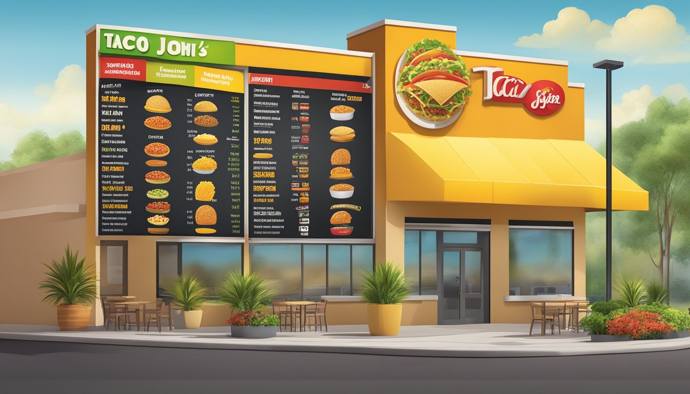 A colorful menu board displays nutritional information for Taco John's breakfast items