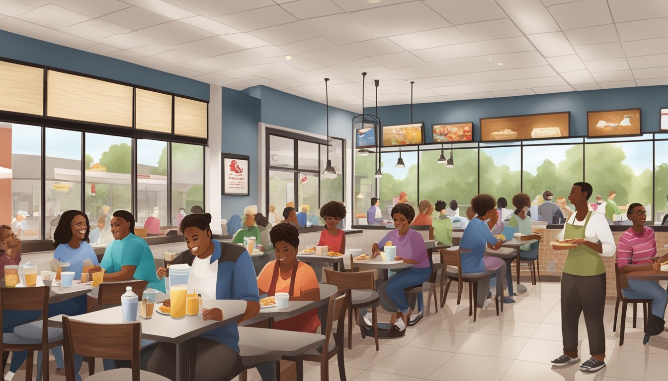 A bustling Chick-fil-A restaurant with a diverse group of customers enjoying the new breakfast menu. The staff provides excellent customer service, and the restaurant is accessible to people of all abilities