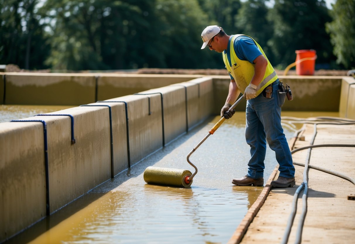 A worker applies tanking slurry to pond walls with a roller