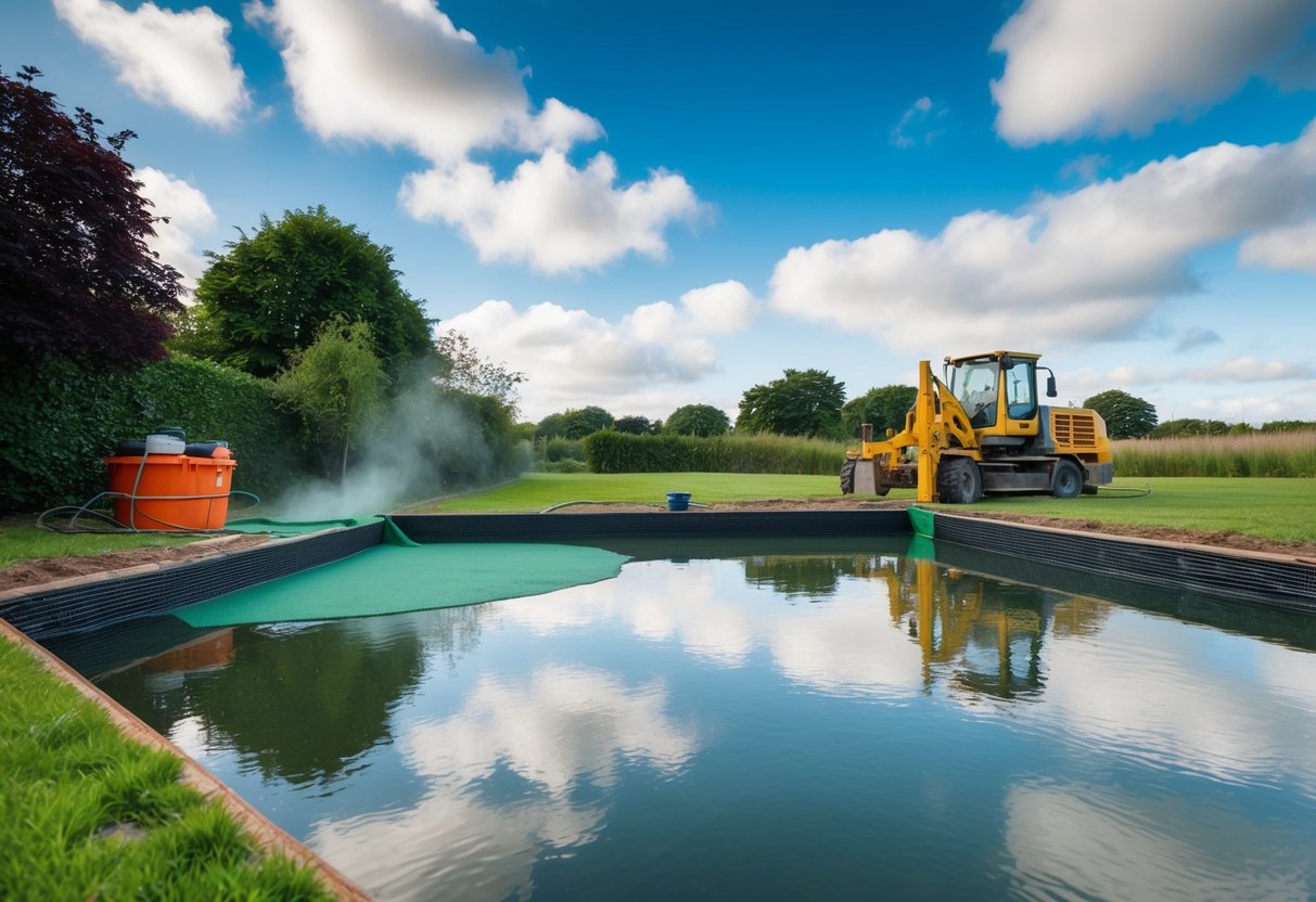 A pond being coated with tanking slurry to waterproof it