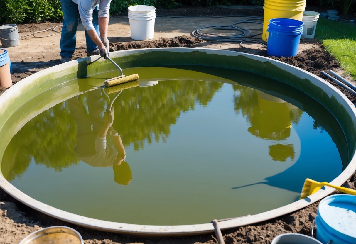 A person applying tanking slurry to the interior of a pond with a brush and roller, surrounded by buckets and tools