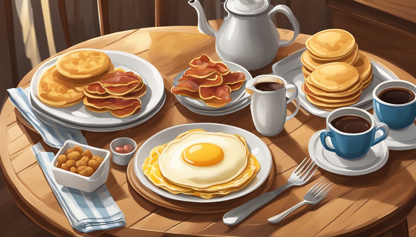 A table set with classic breakfast items like pancakes, eggs, bacon, and biscuits, with a warm and inviting atmosphere