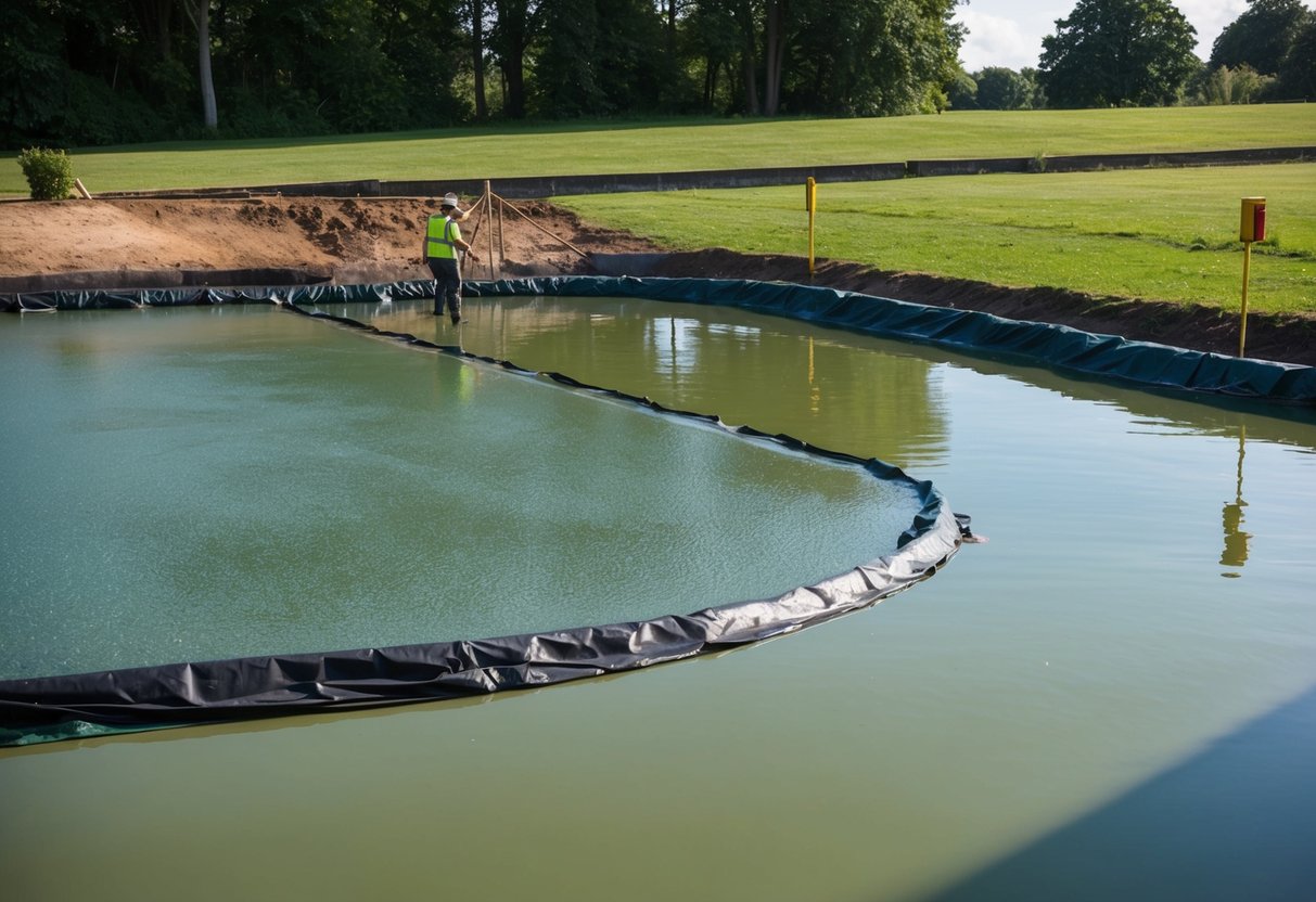 A large pond being coated with tanking slurry to waterproof it