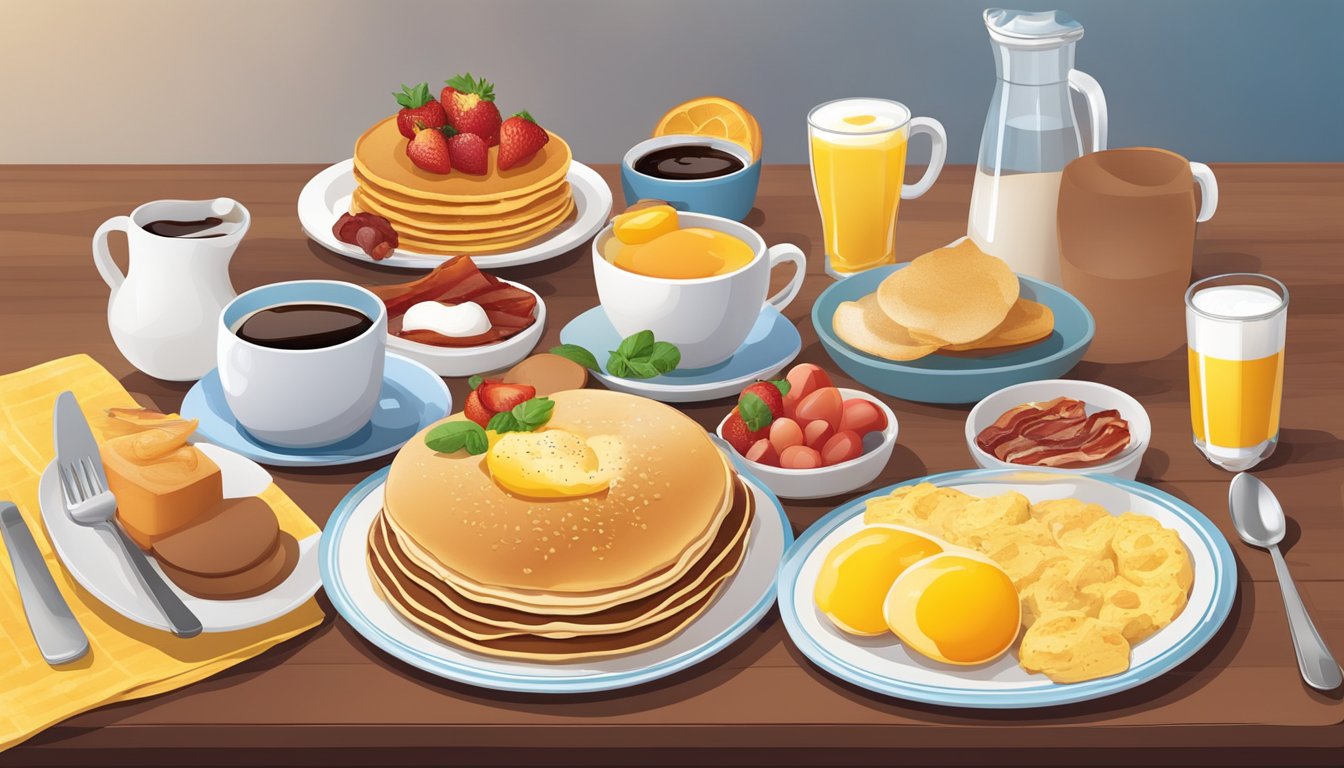 A colorful spread of breakfast items arranged on a table, including pancakes, eggs, bacon, fruit, and coffee