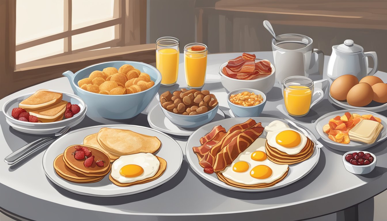 A table set with a variety of breakfast options, including eggs, bacon, pancakes, and fruit, with prices listed next to each item