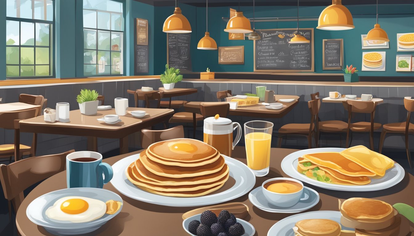 A bustling breakfast restaurant with colorful decor, a chalkboard menu, and plates of pancakes, eggs, and coffee on tables