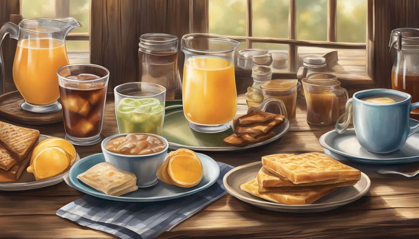 A rustic breakfast table with a variety of energizing beverages and drinks displayed in vintage glassware and mugs at Cracker Barrel