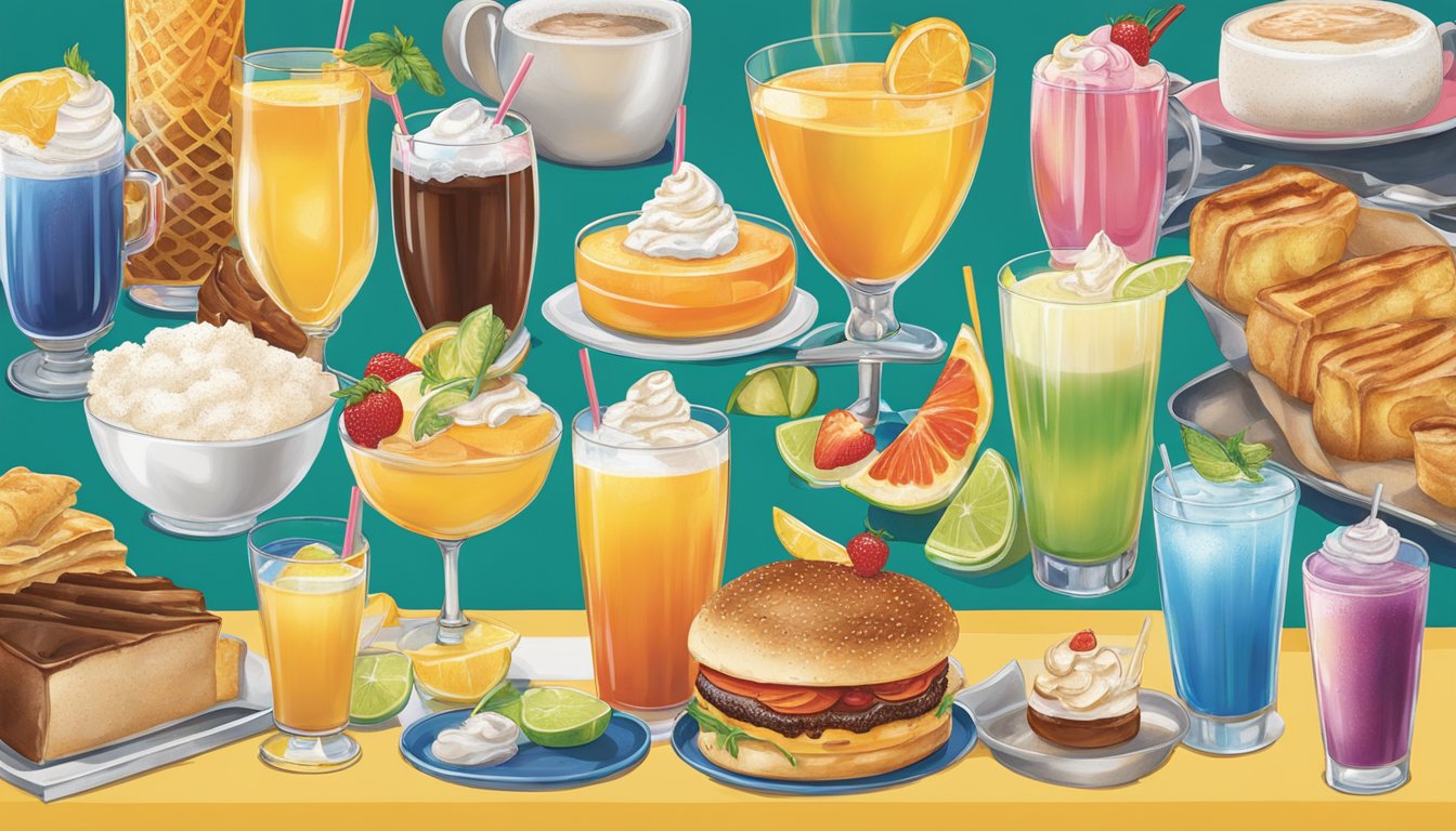 A colorful array of specialty beverages on a breakfast queen menu