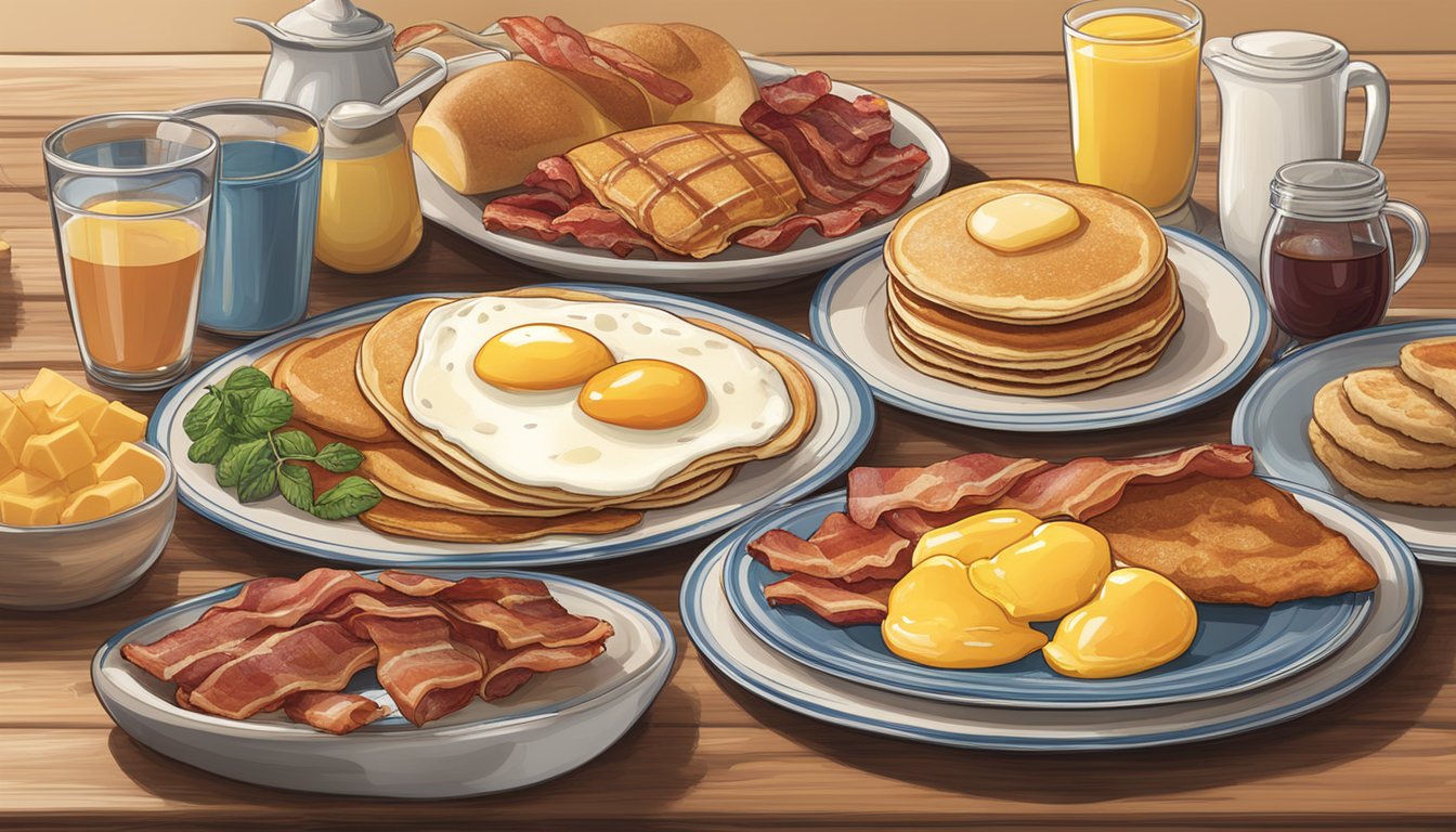 A table set with various breakfast items, including pancakes, eggs, bacon, and fruit, with a menu displaying additional breakfast selections and prices from Cracker Barrel