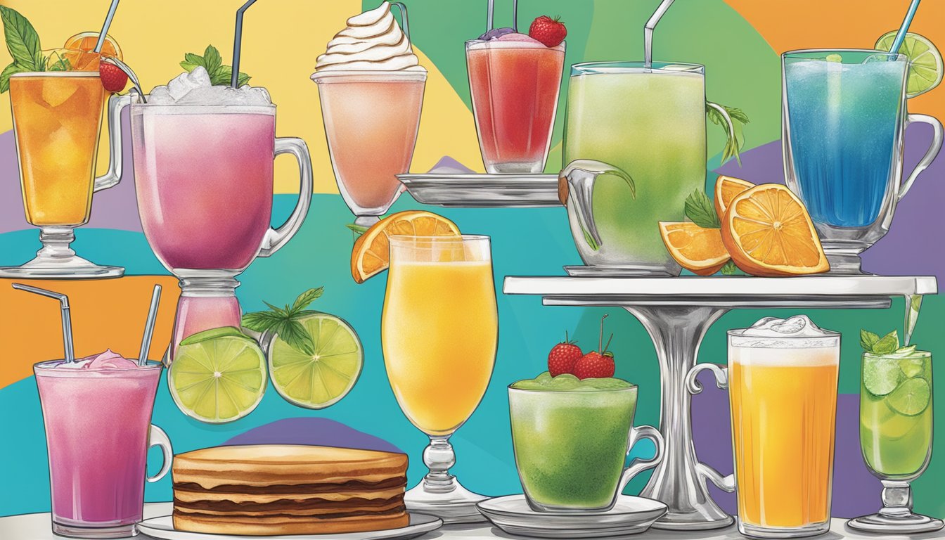 A colorful array of signature drinks and beverages displayed on a breakfast republic menu