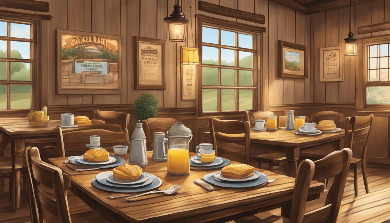 A cozy dining area with a rustic breakfast menu displayed on a wooden table, surrounded by warm lighting and country decor at Cracker Barrel