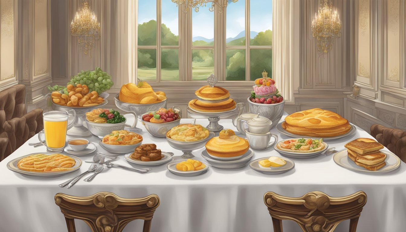 A regal breakfast menu with a variety of lunch selections displayed on a grand table fit for a queen