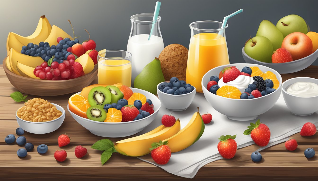 A colorful array of fresh fruits, whole grain bread, and yogurt parfait on a rustic wooden table