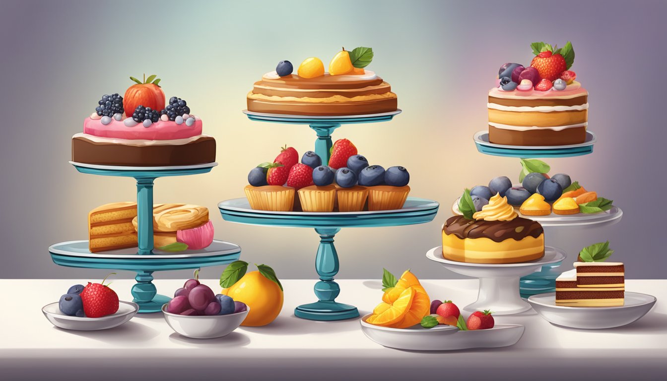 A colorful array of pastries, cakes, and fruit tarts displayed on a tiered dessert stand, with a steaming cup of coffee on the side