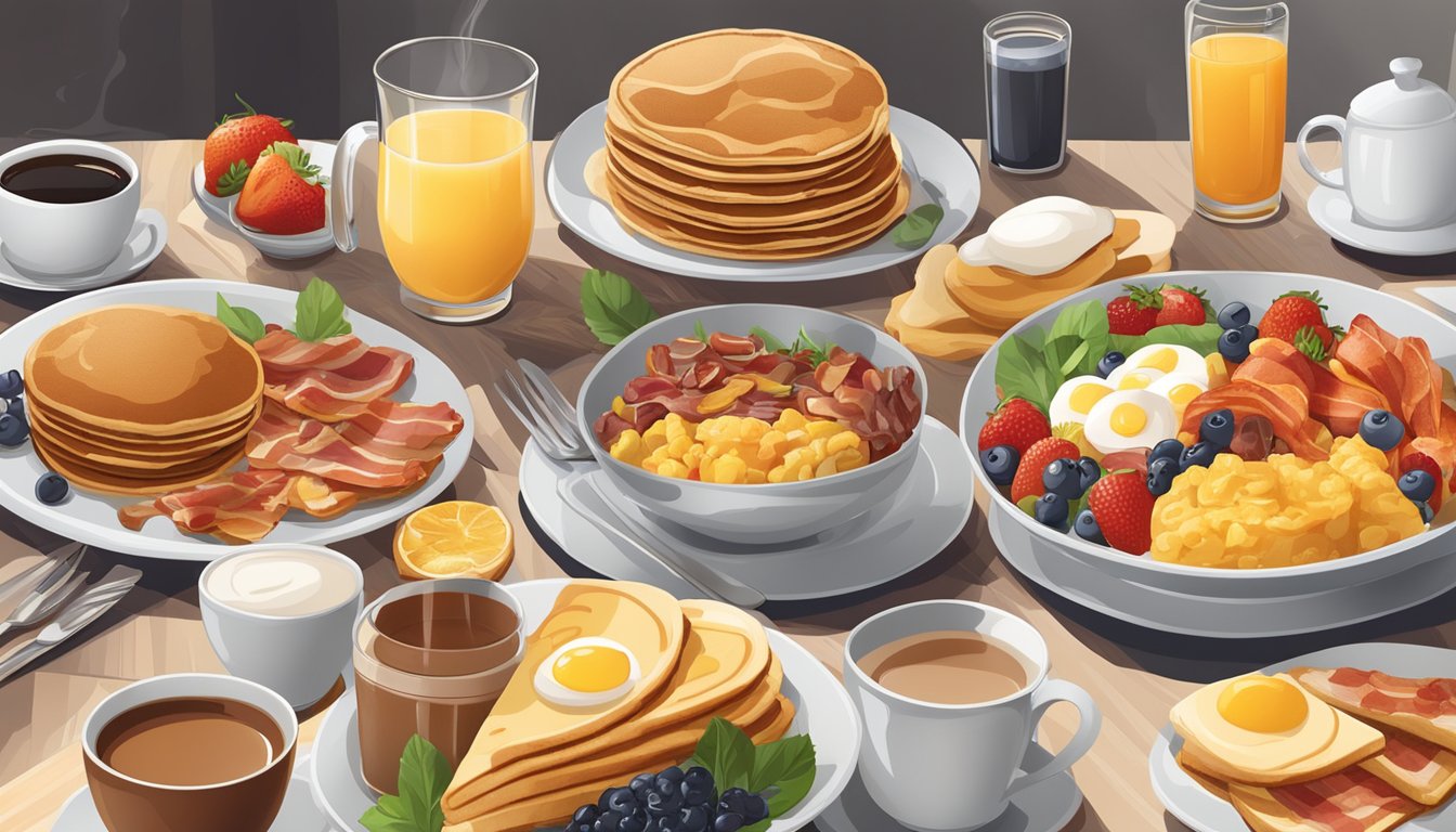 A table set with a variety of breakfast sides and extras, including fruit, toast, bacon, eggs, and pancakes, surrounded by coffee mugs and juice glasses