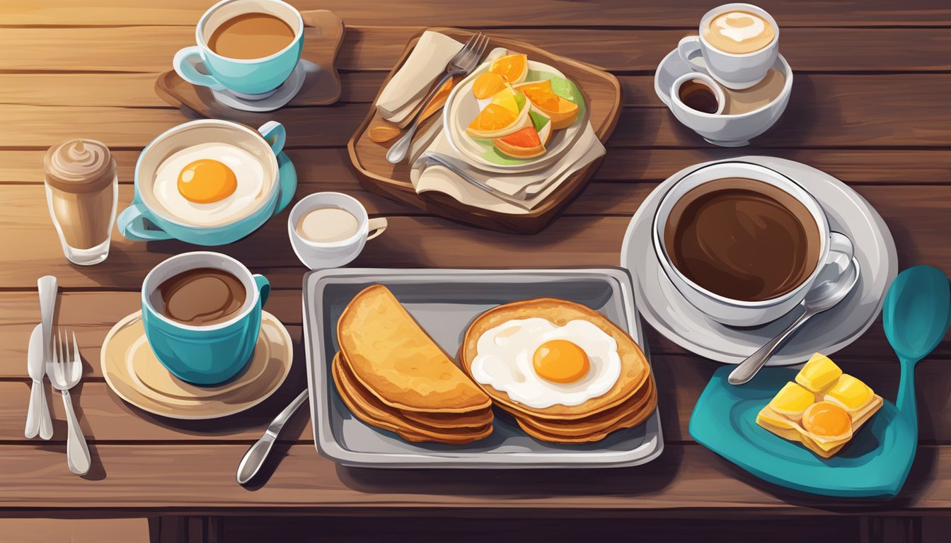 A cozy cafe setting with a rustic wooden table set with a colorful array of breakfast dishes and steaming coffee cups