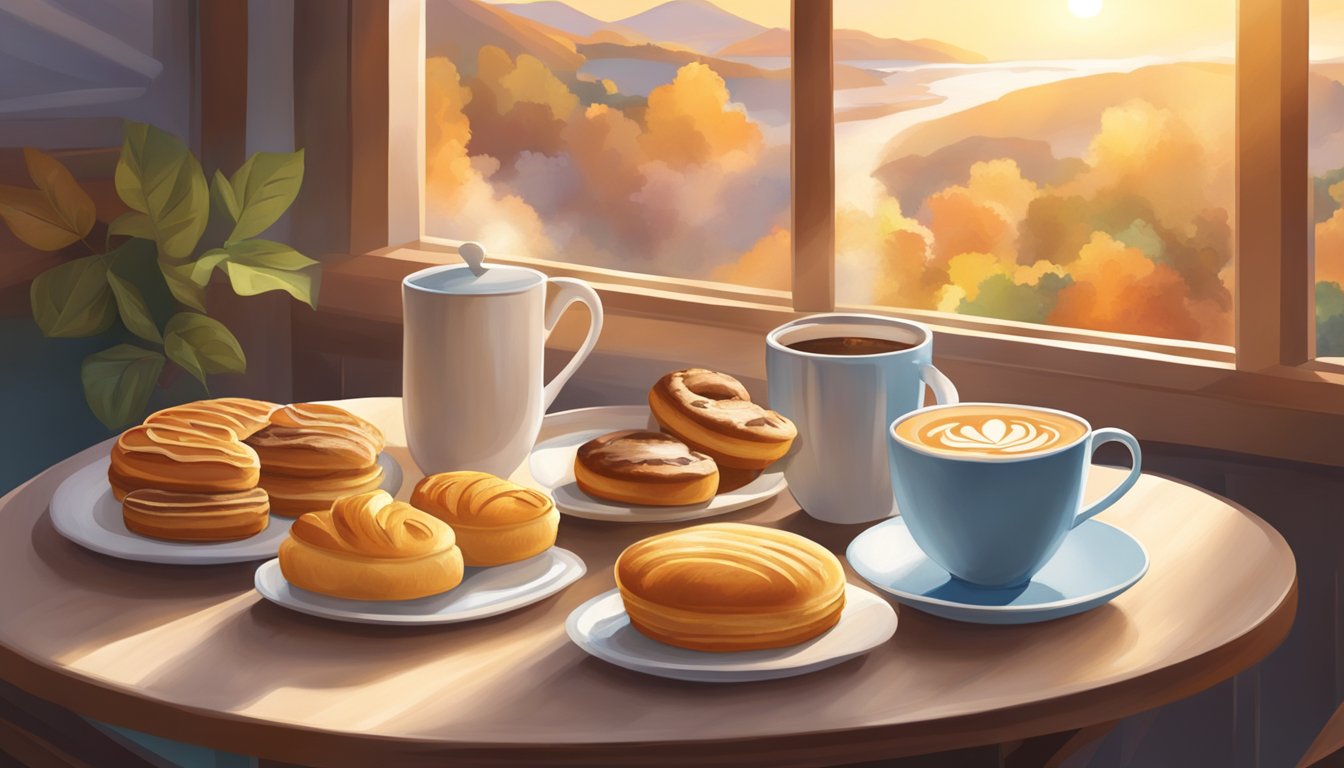 A cozy breakfast nook with a small menu featuring specialty items. Tables set with steaming coffee and fresh pastries. Sunrise streams through the window