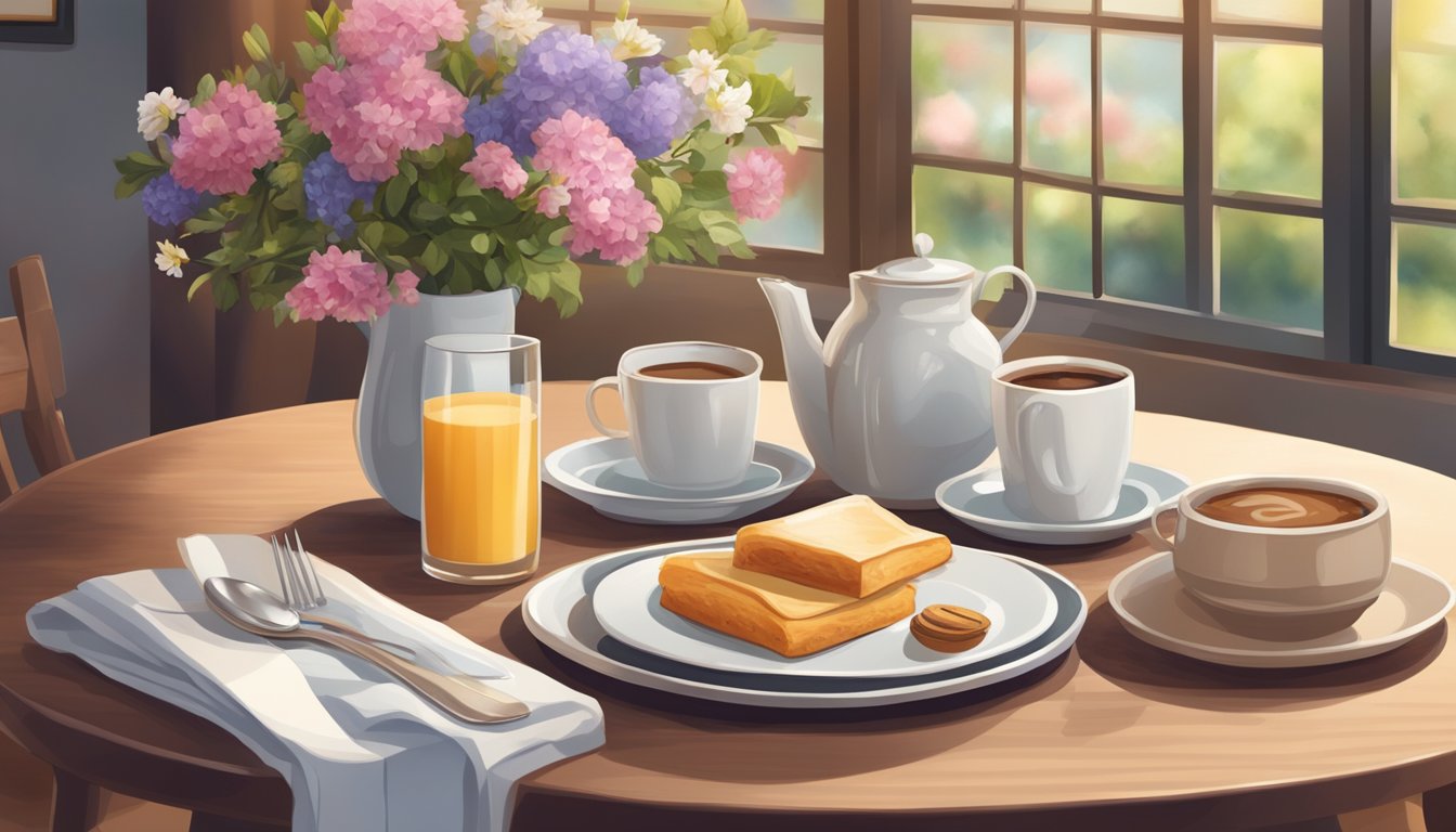 A cozy breakfast nook with a small menu on a table, surrounded by additional amenities such as fresh flowers and a warm pot of coffee