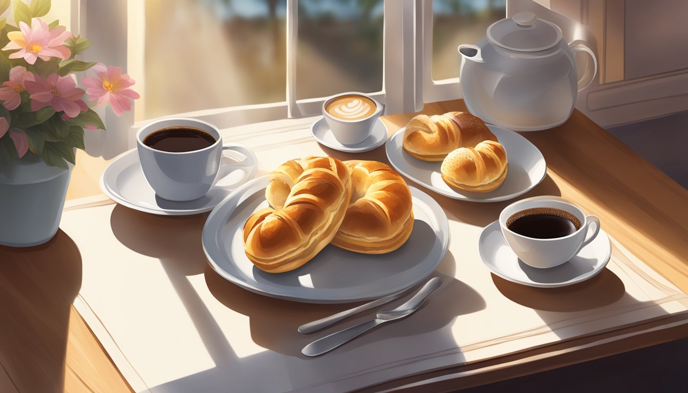 A table set with a tray of pastries, a pot of coffee, and a small menu. Sunlight streams in through a window, casting warm shadows on the tabletop