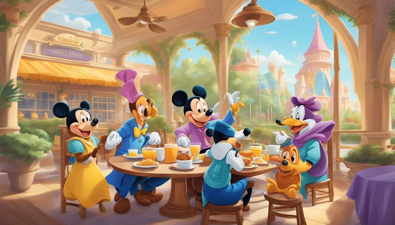 A colorful breakfast scene at Walt Disney World with characters and tables set for reservations