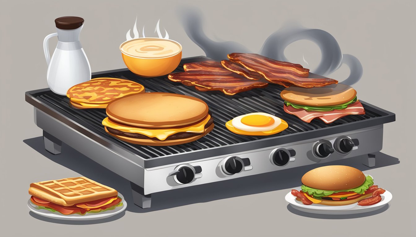 A sizzling griddle with pancakes, bacon, and eggs next to a flaming grill with burgers and sandwiches