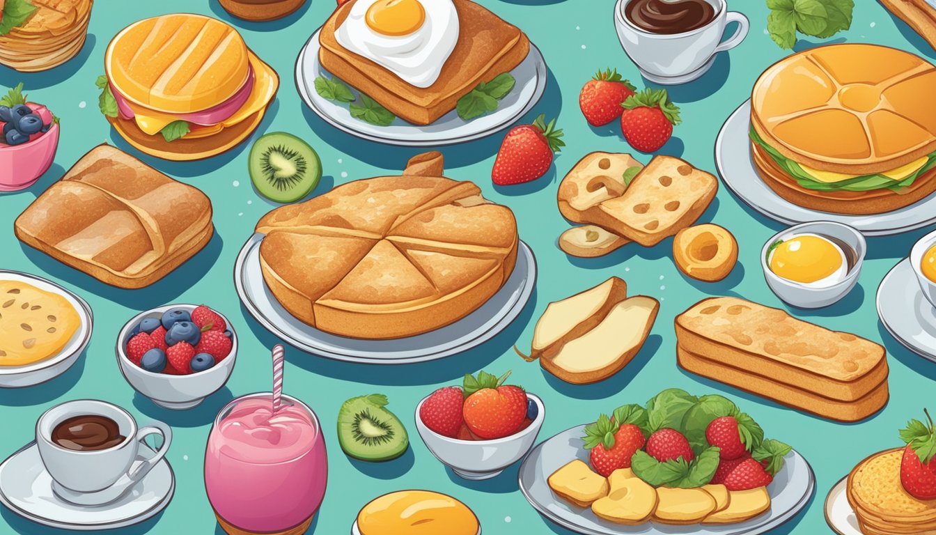 A colorful menu featuring various breakfast options with dietary symbols and character illustrations