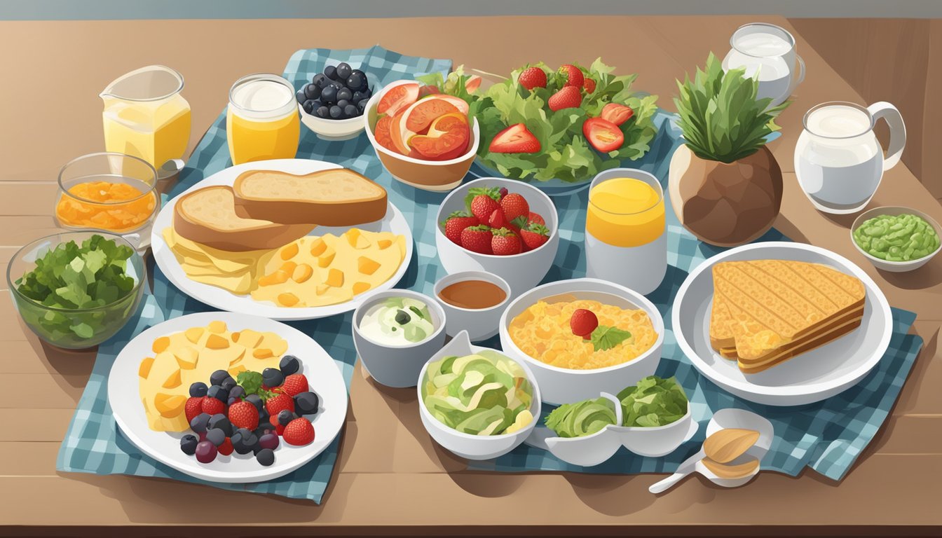 A spread of breakfast and lunch sides and add-ons arranged on a table, including fruits, salads, bread, and condiments