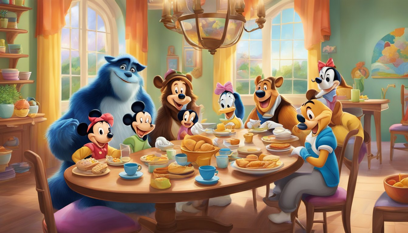 Disney characters enjoy breakfast at a lively table in a colorful dining room