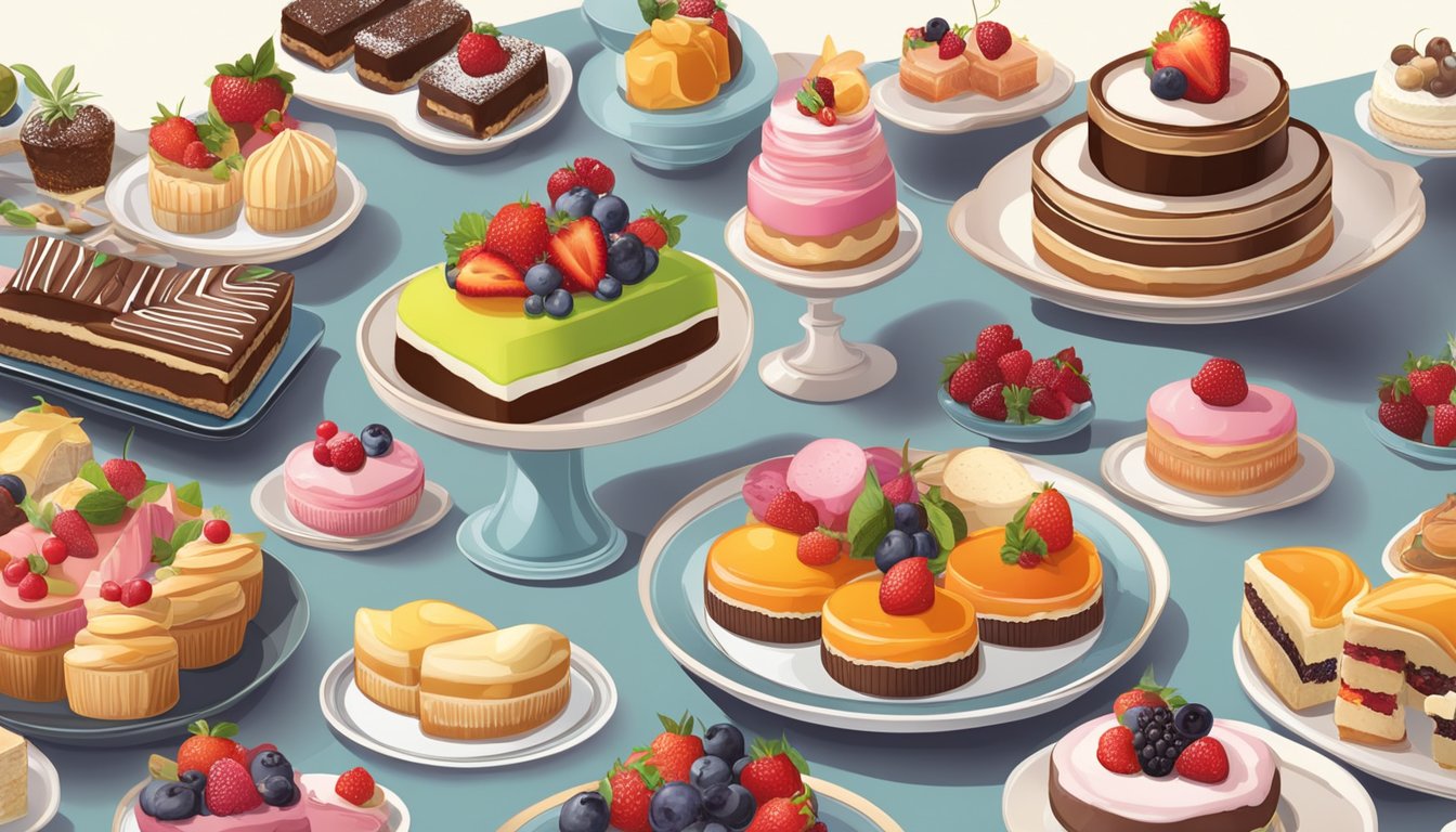 A table laden with an assortment of decadent desserts, including cakes, pastries, and fruit tarts, arranged on elegant serving platters