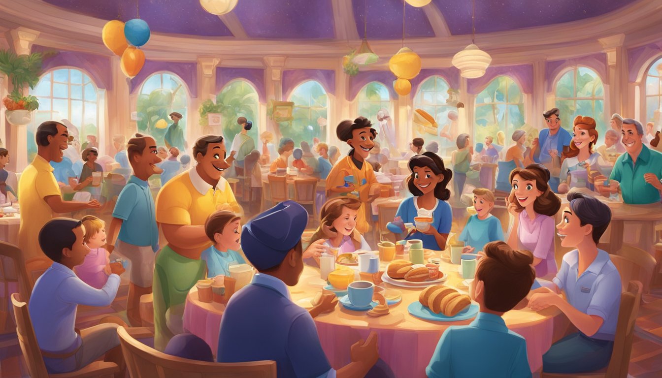 A group of characters interact with guests at a breakfast event in a colorful, lively setting at Walt Disney World