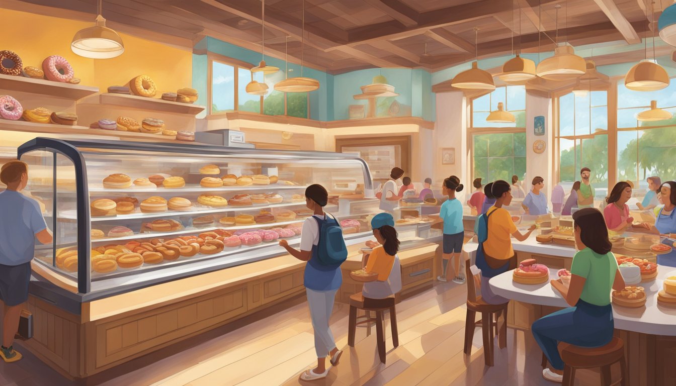 A bustling bakery at Disney Springs serves up a colorful array of doughnuts and pastries for breakfast