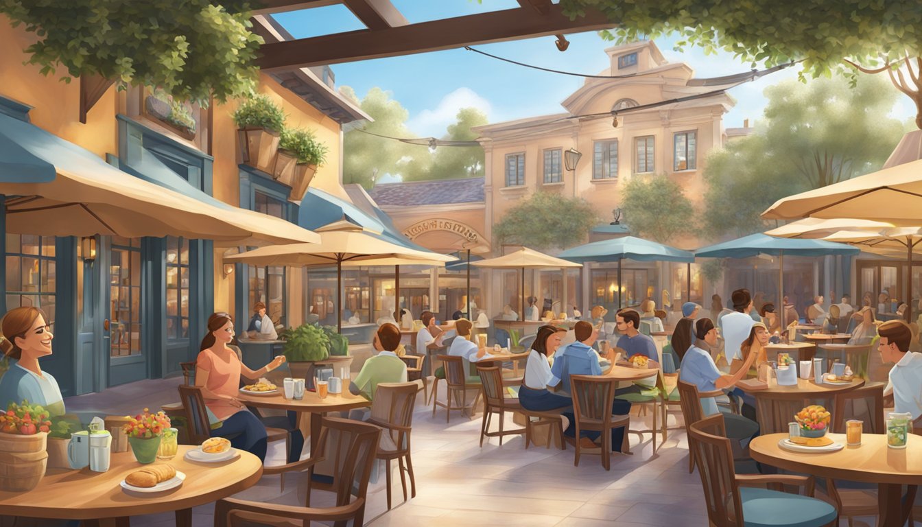 A cozy outdoor café at Disney Springs, with elegant table settings and a variety of gourmet breakfast dishes on display