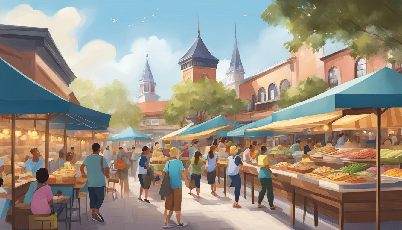 A bustling outdoor market with colorful food stalls offering a variety of international breakfast and brunch options at Disney Springs