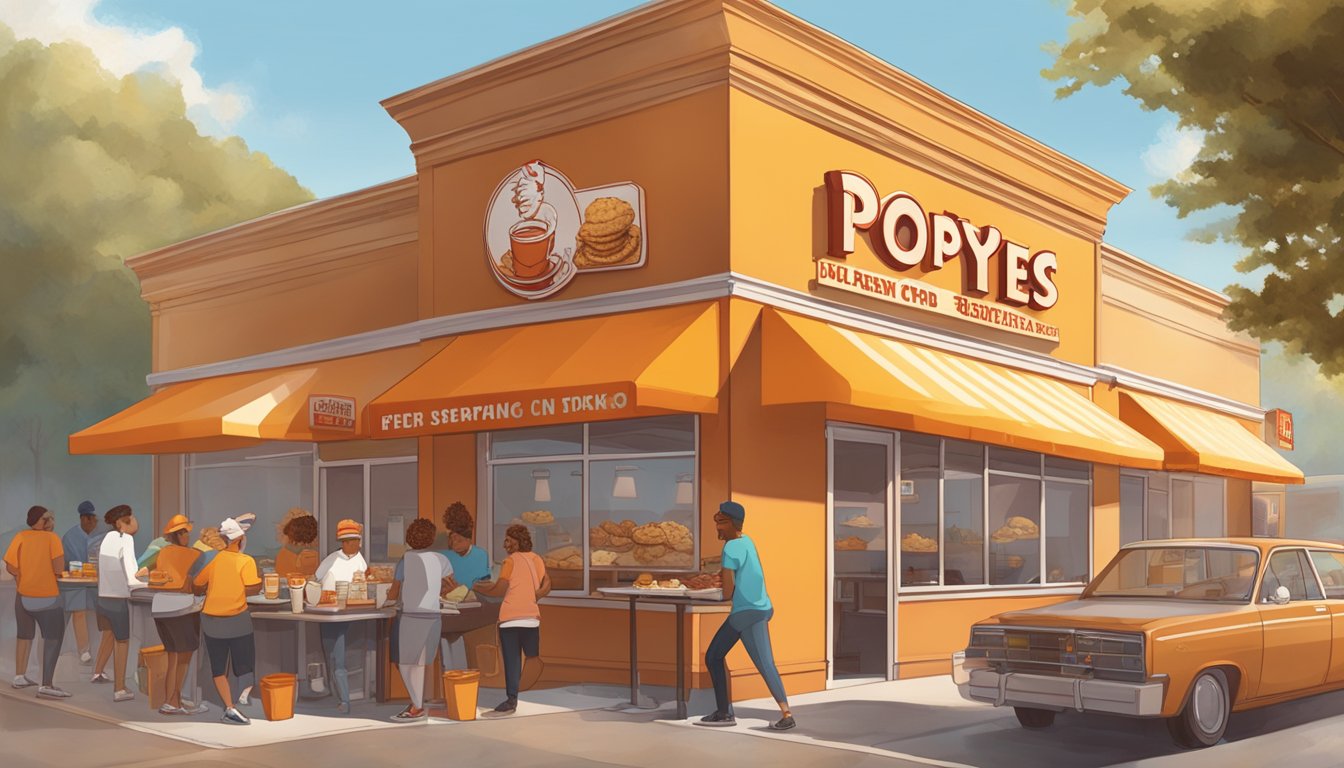 A bustling Popeyes restaurant at breakfast time, with a display of flaky biscuits, golden fried chicken, and steaming cups of coffee