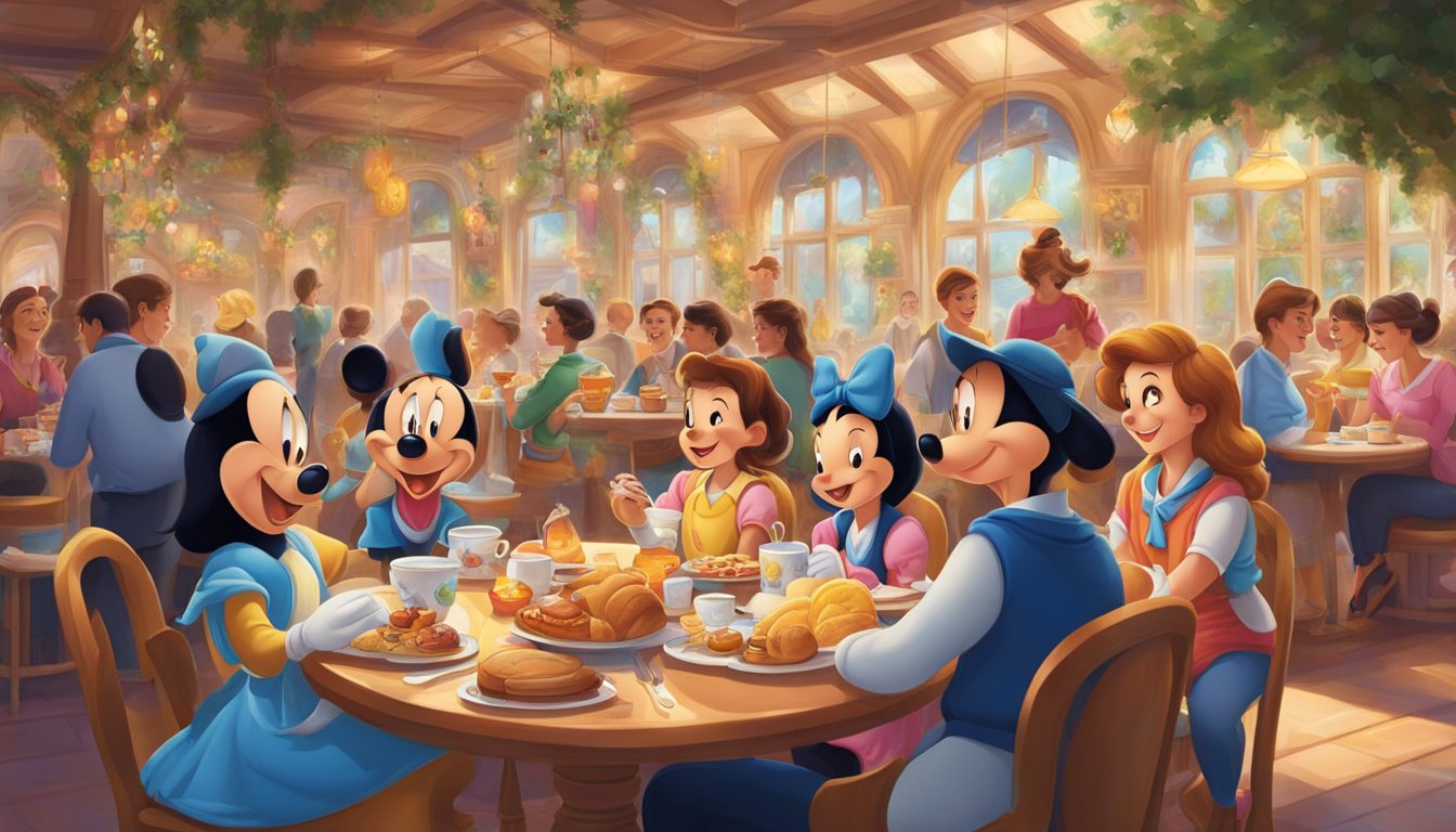 A lively breakfast setting with iconic Disney characters interacting with guests, colorful decor, and a magical atmosphere at Disneyland