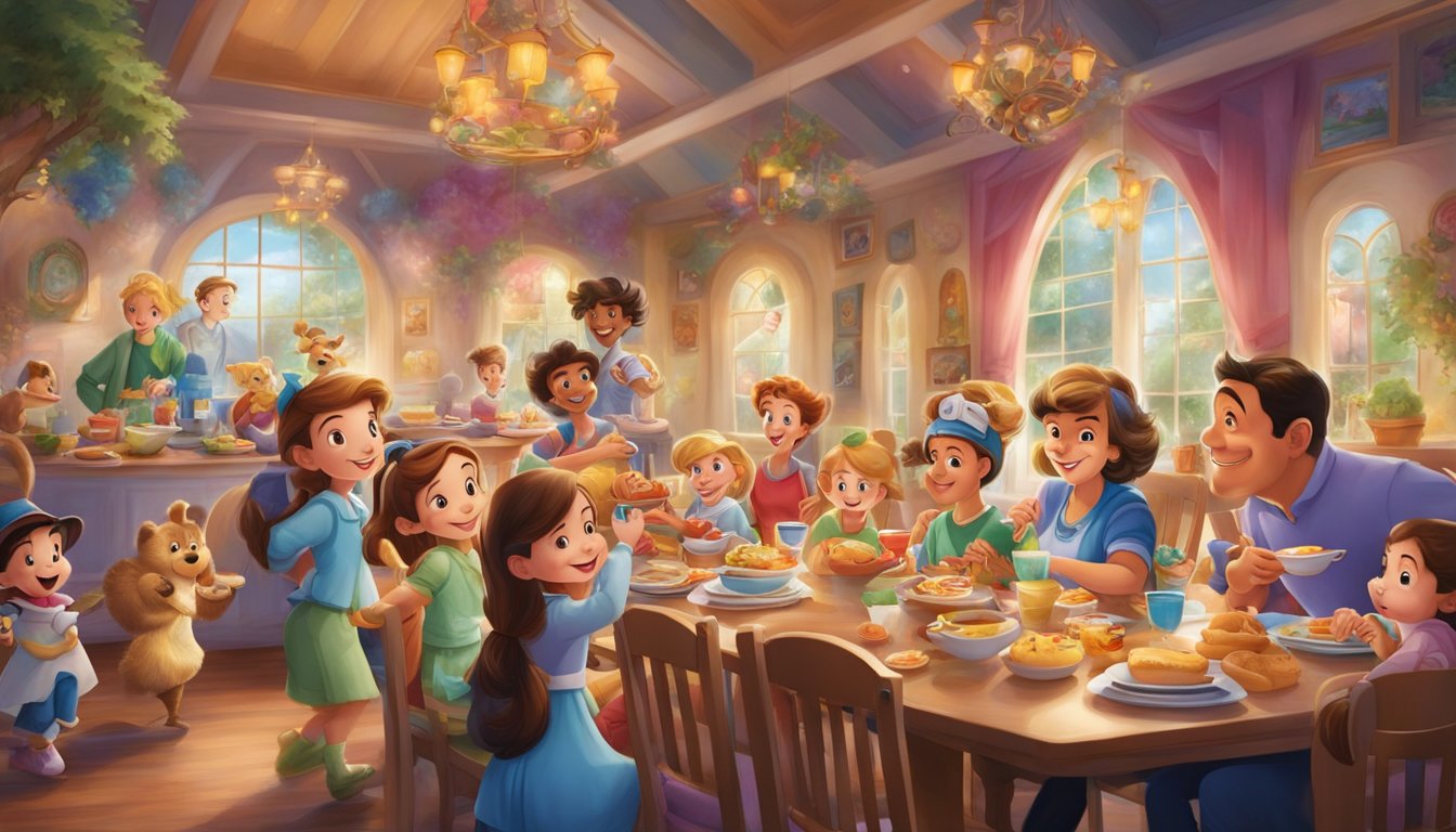 A colorful and lively dining area filled with iconic Disney characters interacting with excited children and families enjoying a magical breakfast experience