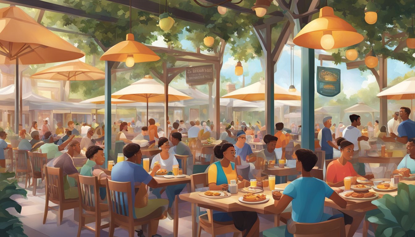 A bustling Disney Springs breakfast scene with a variety of diverse cuisines and people enjoying their meals at outdoor tables