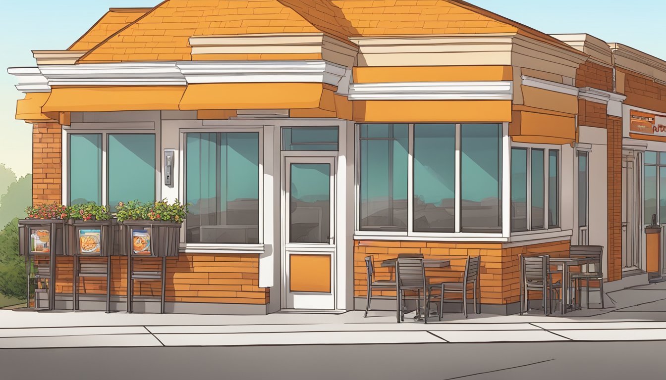 The sun rises over a Popeyes restaurant, its doors open and welcoming customers for breakfast. A wheelchair ramp and clear path provide accessibility