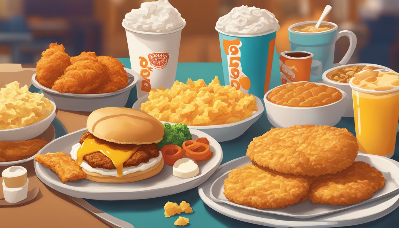 A colorful breakfast spread at Popeyes, with a biscuit, chicken, eggs, and hash browns on a tray, surrounded by a warm and inviting atmosphere