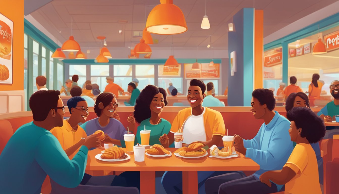 A group of people enjoying breakfast at a Popeyes restaurant, with a table filled with food and drinks. The atmosphere is lively and cheerful