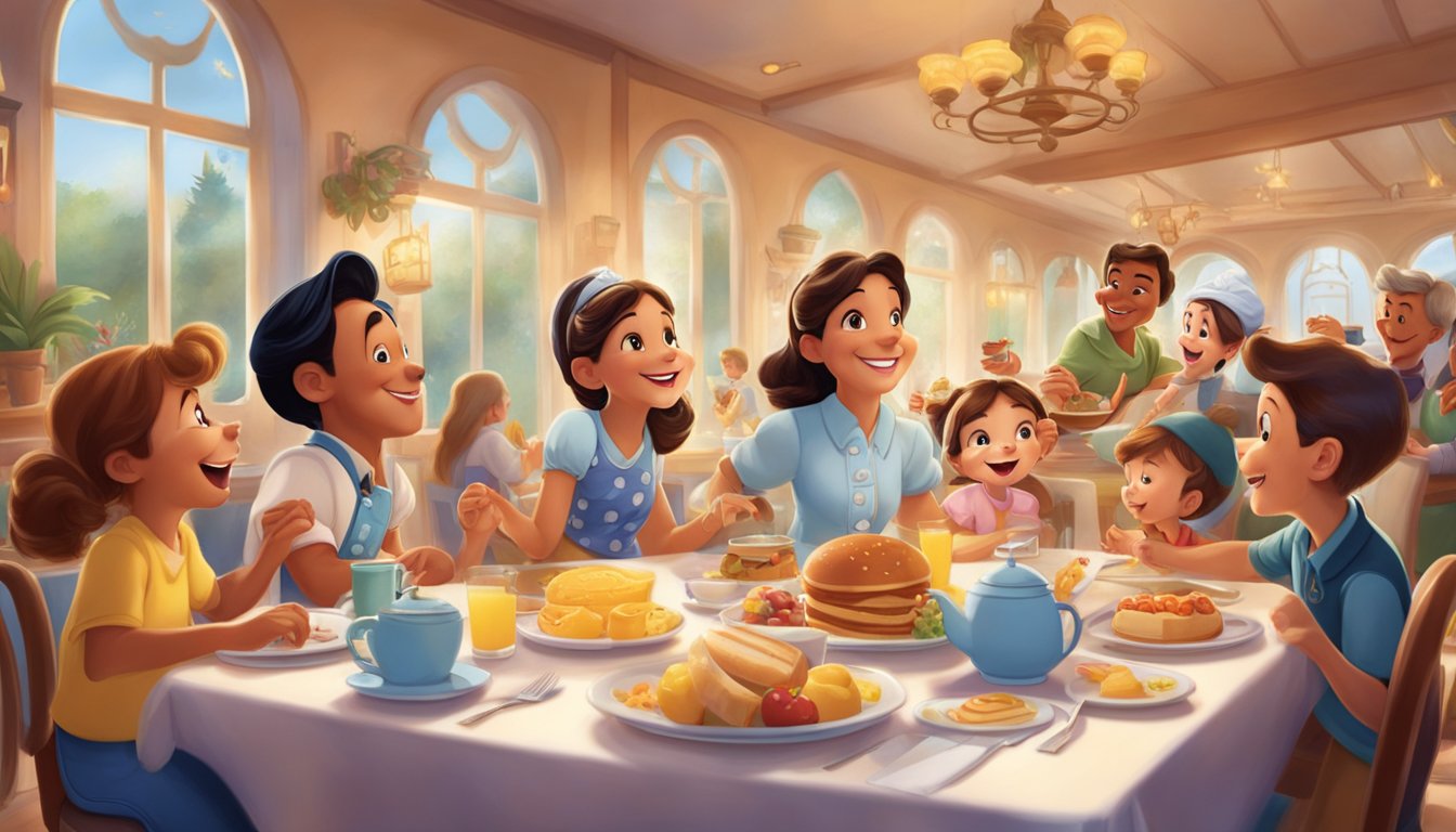 A joyful breakfast scene with Disney characters interacting with guests at a themed dining area